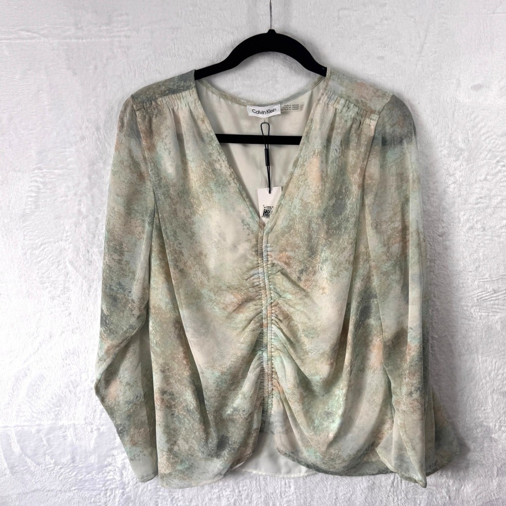 Calvin Klein Womens L Abstract Watercolor‎ Ruched V-Neck Blouse Green Tan